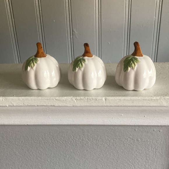 NWT- Set of 3- White- Green Leaf - Porcelain Glazed Fall Pumpkin Decorations 🍂 - Picture 11 of 16